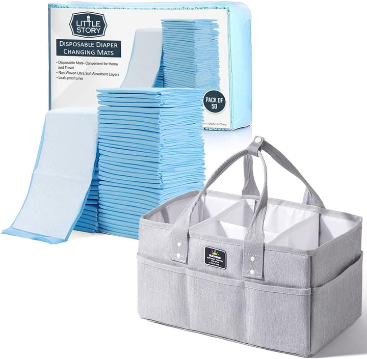 Sunveno Diaper Caddy With Blue Disposable Changing Mats - 50 Pieces - Grey - Zrafh.com - Your Destination for Baby & Mother Needs in Saudi Arabia