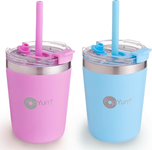 PopYum 2-Pack Insulated Stainless Steel Kidsâ€ڑأ„أ´ Cups with Lid and Straw - 250 ml - ZRAFH