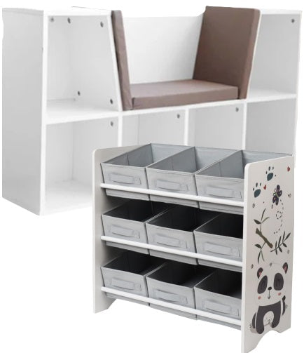 Dreeba Toys  2-in 1 Bundle Grey - Dreeba Bookcase with Reading Nook,Dreeba Kids Toy ,Books Organizer Large Storage Capacity with 9 Storage Fabric Bins - Grey