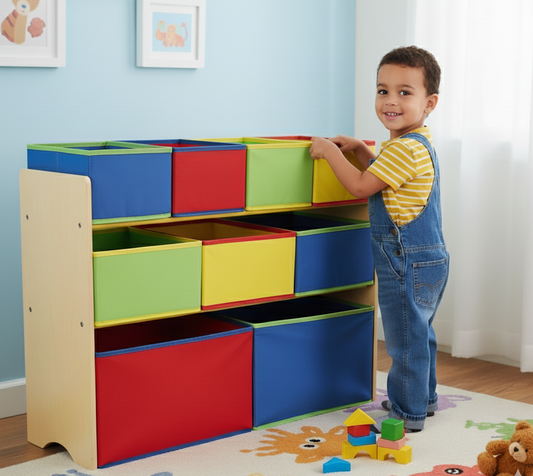 Dreeba Large Storage Organizer for Toys, Books and Baby Supplies 9 Foldable Fabric Bins Made of Safe and Healthy Materials Easy to Assemble and Disassemble - Multicolor