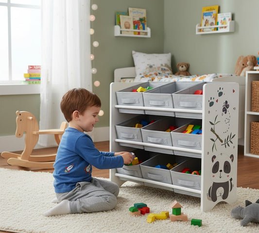 Dreeba Kids Toy Organizer 9 Foldable Fabric Bins with Sturdy Frame Easy to Assemble and Disassemble Large Storage Space Made of High Quality Wood Material - Grey - Zrafh.com - Your Destination for Baby & Mother Needs in Saudi Arabia