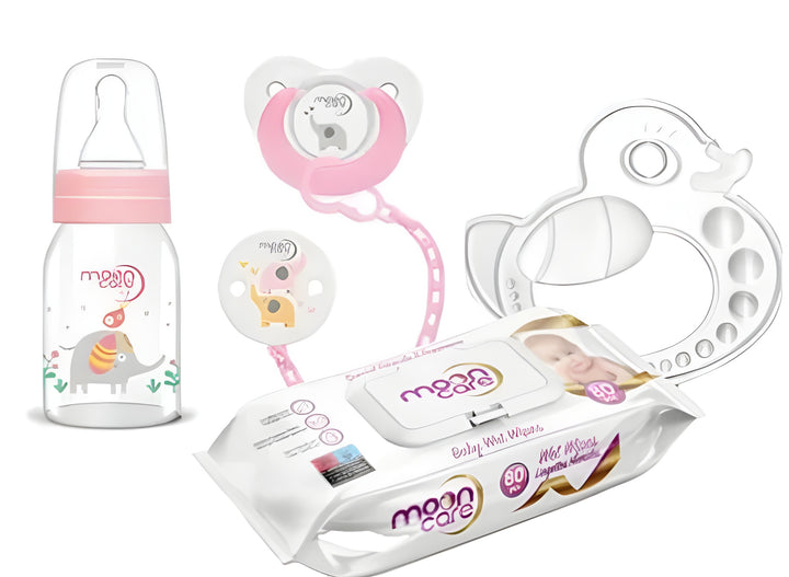 Mooncare Newborn Baby Care Set Pink , 0-6 months (4 pcs) - Mooncare Sensitive Baby Wipes 80's, Feeding Bottle 125ml,  Pacifier with Chain & Teething Ring - Zrafh.com - Your Destination for Baby & Mother Needs in Saudi Arabia