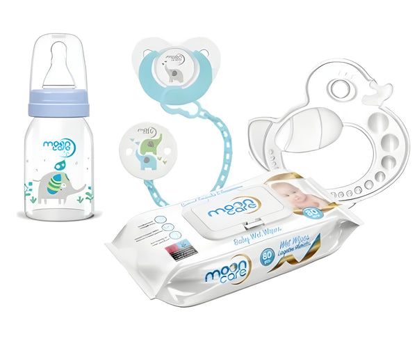Mooncare Newborn Baby Care Set Blue , 0-6 months (4 pcs) - Mooncare Sensitive Baby Wipes 80's, Feeding Bottle 125ml,  Pacifier with Chain & Teething Ring - Zrafh.com - Your Destination for Baby & Mother Needs in Saudi Arabia