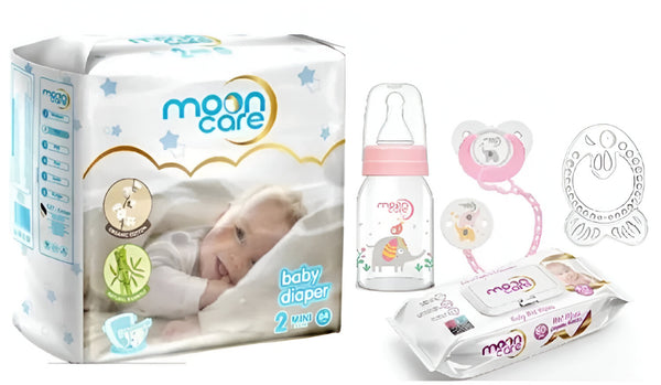 Mooncare Newborn Baby Care Set Pink , 0-6 months (5 pcs) - Mooncare Newborn Diaper Size #2, Sensitive Baby Wet Wipes 80's, Pacifier with Chain, Teething Ring & Feeding Bottle 125ml - Zrafh.com - Your Destination for Baby & Mother Needs in Saudi Arabia