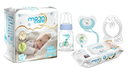 Mooncare Newborn Baby Care Set Blue 0-6 months (5 pcs) - Mooncare Newborn Diaper Size #2, Sensitive Baby Wet Wipes 80's, Pacifier with Chain, Teething Ring Fish & Feeding Bottle 125ml - Zrafh.com - Your Destination for Baby & Mother Needs in Saudi Arabia