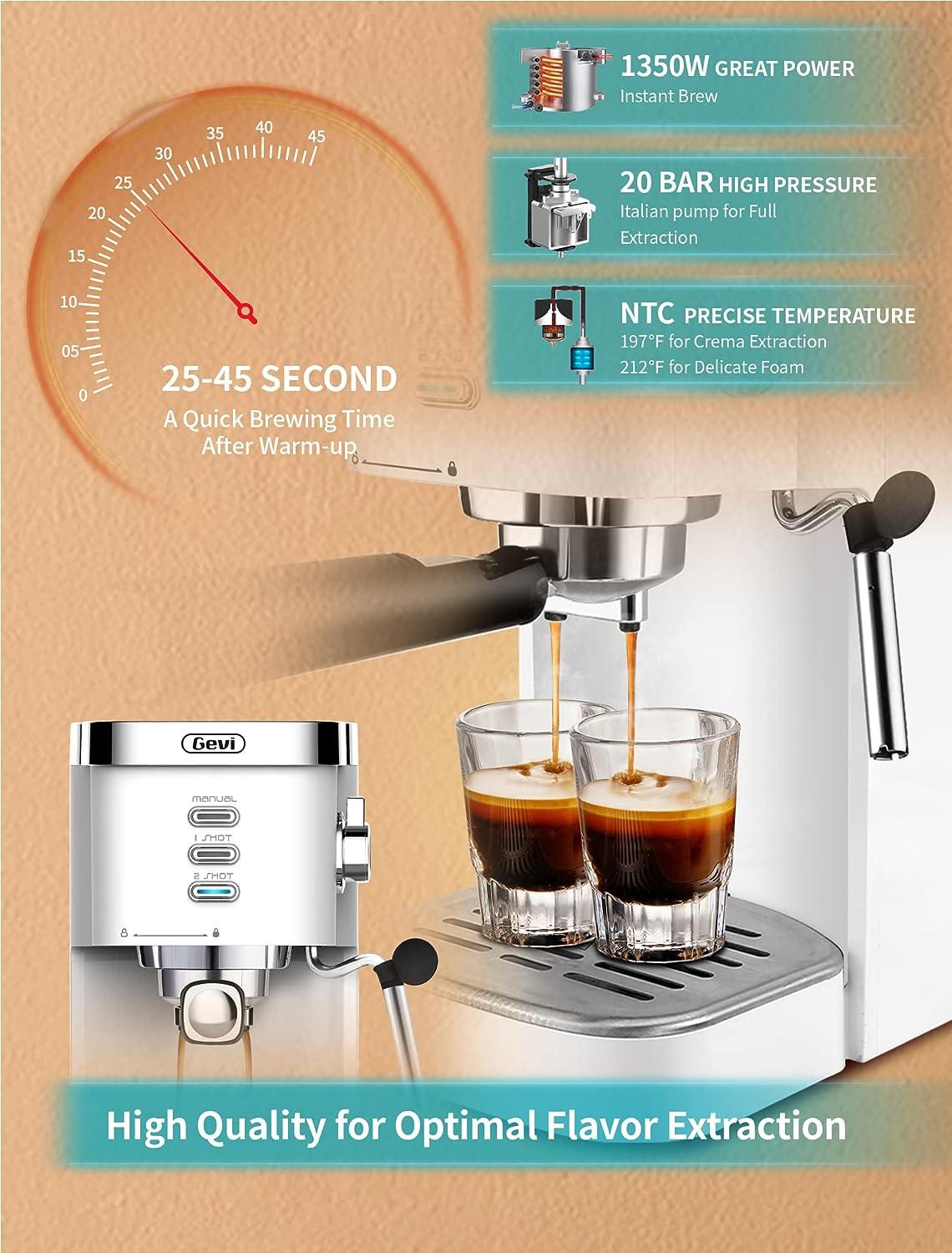 Gevi Espresso Machines 20 Bar Fast Heating with Foaming Milk Frother Wand for Espresso Latte Macchiato 1.2L Removable Water Tank 1350W White